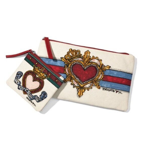 NWT Brighton In Love We Trust Heart Pouch Set Canvas Leather Zipper Bags - Picture 10 of 13